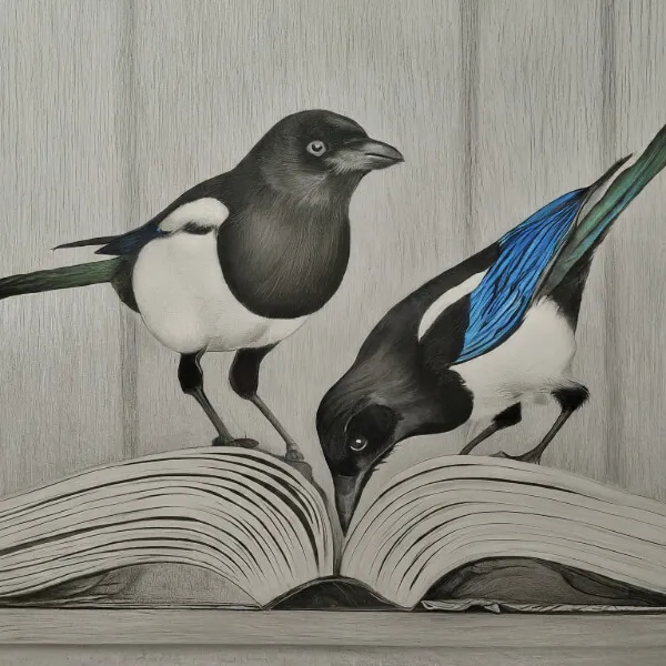 Two magpies studying an open book — hand-drawn illustration