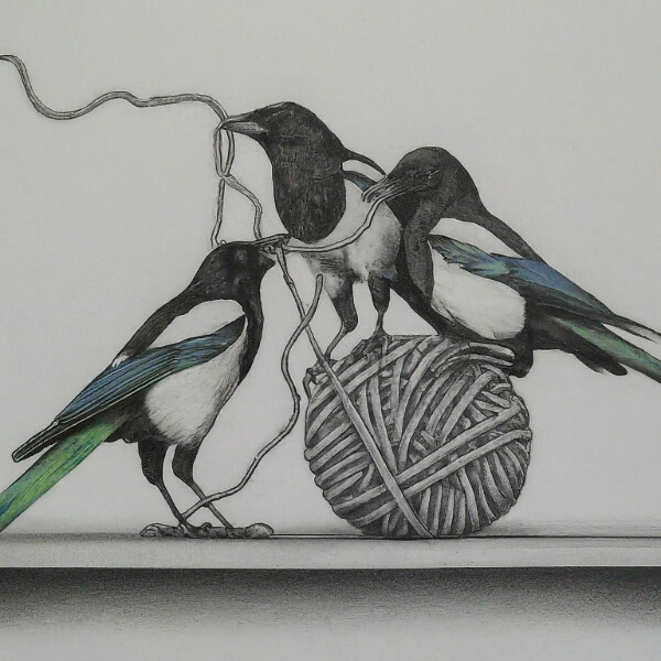 An artistic sketch of magpies working on a complex ball of yarn, symbolizing workflow optimization.