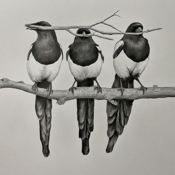 An artistic sketch of three magpies perched watchfully on a branch, symbolizing reliable support.