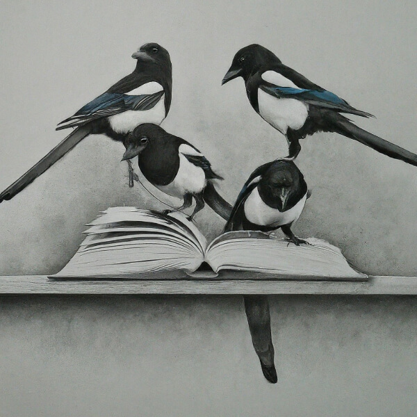 An artistic sketch of several magpies perched on an open book, symbolizing knowledge and training.